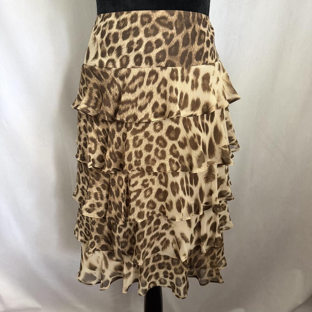 Talbots Skirt Womens 16 Brown Leopard Tiered Ruffle Flare Knee Length Lined